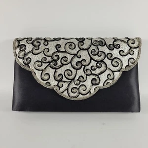 Vintage 80er La Regale Abendtasche Clutch Handtasche Satin schwarz silber Jakobsmuschel Stickerei - Bild 1 von 10