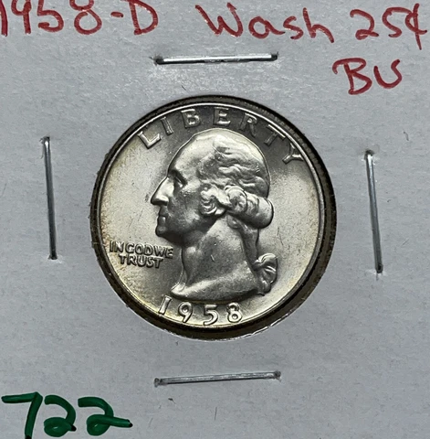 1958 (D) Washington Quarter 90% Silver BU Brilliant Uncirculated Cover