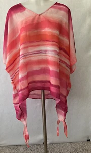 Colleen Lopez Top Größe M Poncho Stil bunt rosa Fuchsia orange Streifendruck - Bild 1 von 14