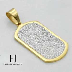 Men's Stainless Steel 67mm DOG TAG Cubic Zirconia Gold plated Charm BOX - Picture 1 of 3