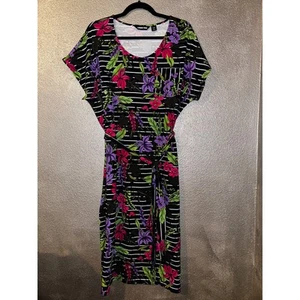 Lands’ End Professional Office Business Striped Floral Short Sleeve  Belt Dress - Picture 1 of 8