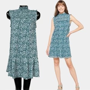 AVLN Studio NEU Blumen Minikleid türkis weiß ärmellos gesmokt hochgeschlossen bescheiden - Bild 1 von 10