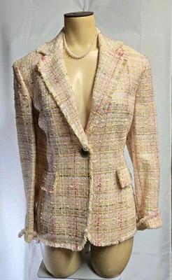 Jones New York Tweed Fringe Jacket Blazer Coral Beige Size 8 Votton Blend  - Image 1 of 4