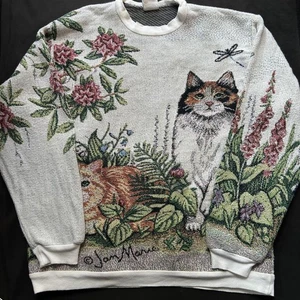 Vintage 90s USA Sugar Street Weaver Cat T-Shirt L Knit Sweat Animal Pattern - Picture 1 of 7
