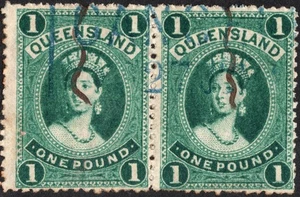 QUEENSLAND QV 1886 1£ PAIR SC#A5/78/DK GRN/THIN PPR/BLU & PEN CANCL 27JUN CV$412 - Picture 1 of 2