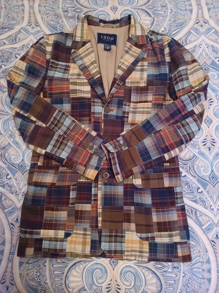 Vintage IZOD Jeans Mens Patchwork Madras Blazer Small S Colorful Sports Jacket - Image 1 of 4