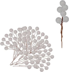 100pcs Christmas Artificial Frosted Fruit Berry, 1.4cm Silver Twig Stem Wreaths - Picture 1 of 3