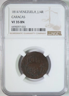 Rara moneda de 1/4 real de Venezuela Caracas 1814 clasificación NGC VF35 Foto 1 de 4