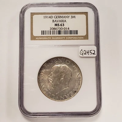 1914-D German States Bavaria 3 Mark .4823 oz ASW - NGC MS 63 - SKU-Q2452 - Image 1 of 4