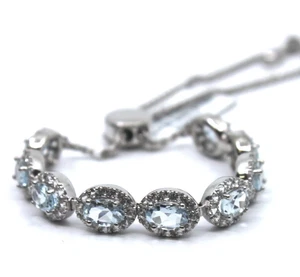 Aquamarine & White Topaz Oval Link Tennis Bracelet Bolo Closer Sterling Silver - Picture 1 of 11