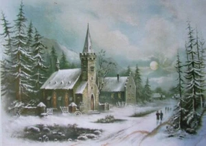 Winter Church Old Village Scene, by William Chandler 8X10 PREMIUM GLOSSY PRINT - Picture 1 of 1