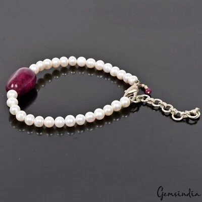 Pulsera hecha a mano 74 quilates con cuentas de rubí rojo natural y perlas con cadena de plata ajustable Foto 1 de 4