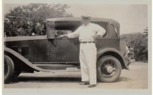 4.5 x 3.8 in Photo of Man Standing Beside a Vintage Car - Picture 1 of 2