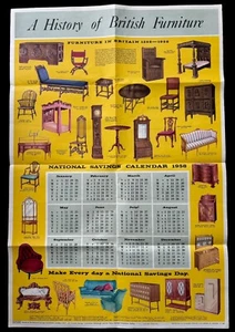 PÓSTER DE AHORRO NACIONAL DE COLECCIÓN 1958 Historia de los muebles británicos Calendario Cura - Imagen 1 de 2