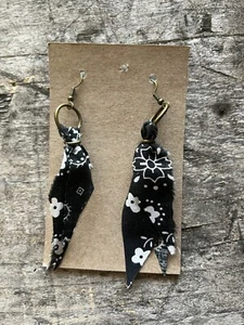 Black And White Fabric Strip Earrings BOHO Handmade 4" Drop - Picture 1 of 4