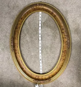 Antique Ornate Art Nouveau Wood & Gold Gesso Picture Frame Oval Faux Wood grain - Picture 1 of 7