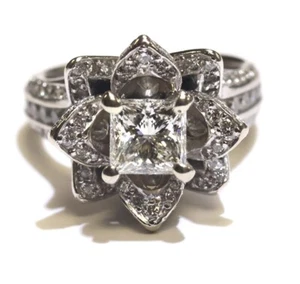 Anillo de compromiso GIA 14k oro blanco 2,24ct princesa diamante flor de loto 10,6g - Imagen 1 de 11