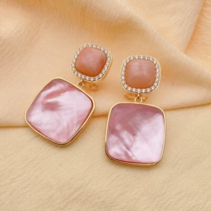 Natural Square Faceted Pink Shell Aventurine Stud Earrings Drop Earrings - Picture 1 of 6