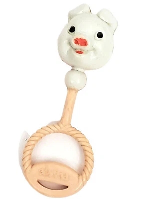 Plakie Pig Pink/White Molded Celluloid Baby Rattle Loop Handle Vintage 1950-60's - Image 1 of 4