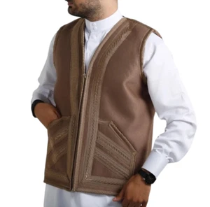 Men's Farwa Vest Protect From Cold Vest Jacket فروة فيست رجالي مطرزة Light Brown - Picture 1 of 2