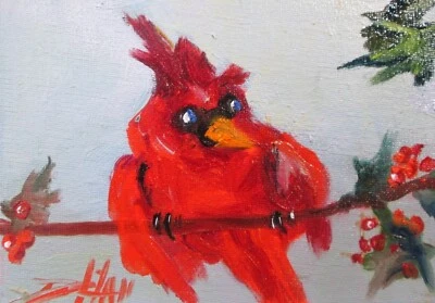 Delilah Cardinal Holly 印象派油画 鸟 原创 野生生物 正品证书 — 第 1/4 张图片