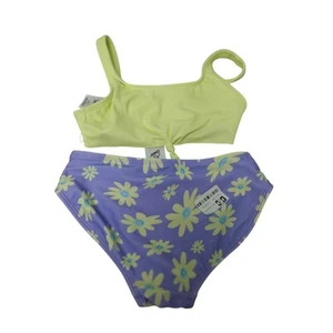 New Art Class Girls Small (6/7 Lime Green Flowers on Purple Bikini 2PC Swimsuit - Picture 1 of 4