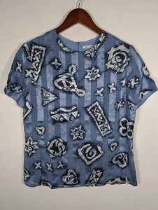 Camicia St. John donna 4 blu seta stampa astratta manica corta buco della serratura made USA - Foto 1 di 9