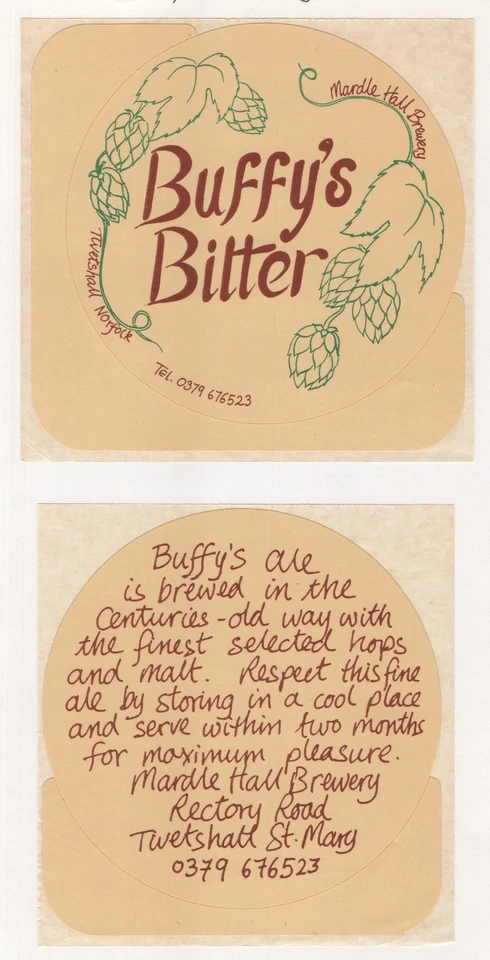 Buffy's Brewery, Twekshall St. Mary, Norfolk - older beer label + back label - Image 1 of 1