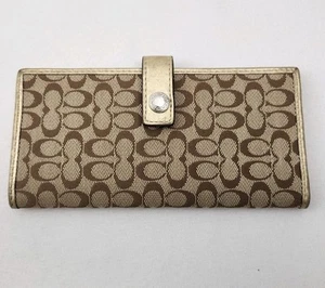 Coach Signature Slim Snap Wallet Brown Gold Leather Compact Coin Card Purse - Bild 1 von 11