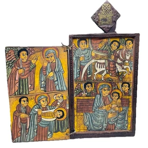 Antique ETHIOPIAN Orthodox Coptic Hand Carved Wood Icon From Aksum Hand Painted - Picture 1 of 8