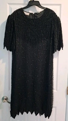 LAWRENCE KAZAR Black SILK Beaded Sparkly Party DRESS-Lining Size 2X Plus VTG - Image 1 of 4