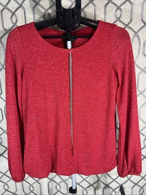 AGB Pequeño Rojo Metalizado Acanalado Manga Larga Ligero Top con Collar Nuevo Con Etiquetas Foto 1 de 4