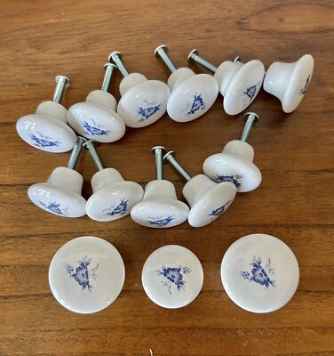 Vintage Ceramic White Porcelain Drawer Knobs Set Of 14 Cabinet Pulls Blue Flower - Image 1 of 4
