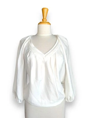 Blusa Diane von Furstenberg plisada ancha cuello en V popover manga abullonada blanca talla 0 Foto 1 de 4