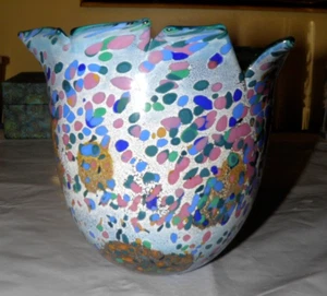 Hand Blown Bowl Colorful Confetti Speckled Heavy Glass Object de Art Signed - Picture 1 of 9