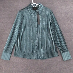 House Of Harlow Blouse Womens Large 1960 Ribbed Button Up Metallic Blue Green - Picture 1 of 10