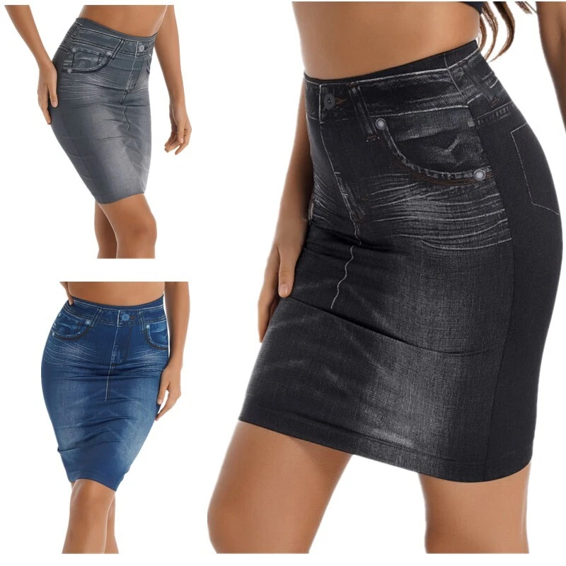 Womens Stretch Faux Denim Skirt High Waist Seamless Jean Pencil Skirt Streetwear - Image 1 of 1