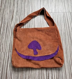 VTG 60's 70's Brown Suede Leather Hippie Hobo Purse Shoulder Bag Purple Mushroom - Picture 1 of 7