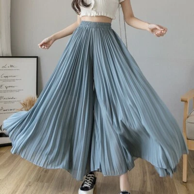 Ladies Chiffon Pleated Culottes Wide Leg Cropped Pants Elastic Waist Trousers - Image 1 of 4