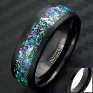 Engraved 8mm Black Tungsten Celestial Galaxy Crushed Opal Mens Wedding Band Ring - Picture 1 of 5