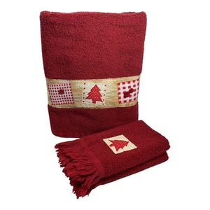 Christmas Tree Towel Set Of 4 Bath  Fingertip Red Country Gingham Quilt Cotton  - Picture 1 of 9