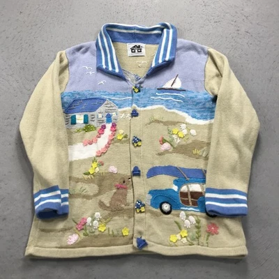 Cardigã feminino vintage livro de histórias malha suéter médio praia casa de campo vovó - Imagem 1 de 4