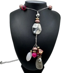 Collar Chico's Joyería Declaración 32" Ajustable Tono Plata Rosa Blanco Piedras  - Imagen 1 de 11