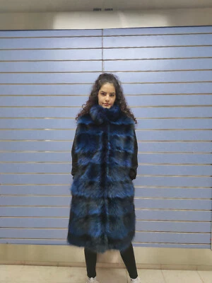 Luxury Blue Raccoon Full Skin Fur Vest Long Real Fur With Collar - Image 1 of 4