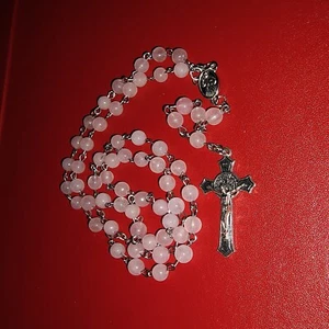 LV1, COLLAR CATÓLICO ROSARIO CUENTAS CURATIVAS PIEDRA AMOR CUARZO ROSA ACERO INOXIDABLE 6MM - Imagen 1 de 5