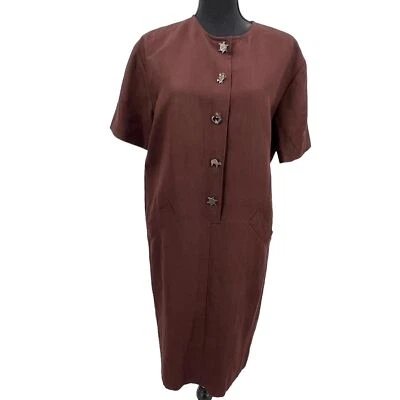 Vestido recto vintage Evan picono marrón mezcla de lino forrado metal animales botones 8 Foto 1 de 4
