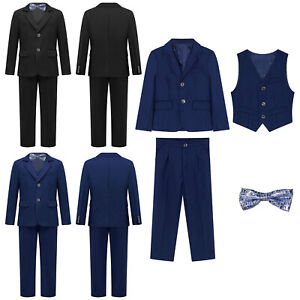 4Pcs Kids Boys Gentleman Suit Notch Lapel Blazer Pointed Hem Vest Long Pants Set