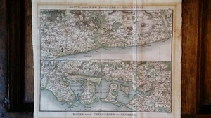 1820'S ANTIQUE GEORGIAN ENGRAVED TINTED ROUTE MAP -SHOREHAM CHICHESTER FAREHAM - Imagen 1 de 9