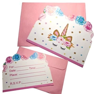 16 Unicorn Party Invites with Envelopes Girls Birthday Invitations Pink Floral - Picture 1 of 4