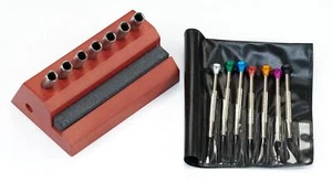 7x Screwdrivers & Wood Stand Watchmakers Sharpening Stone Holder Tool Container - Picture 1 of 5
